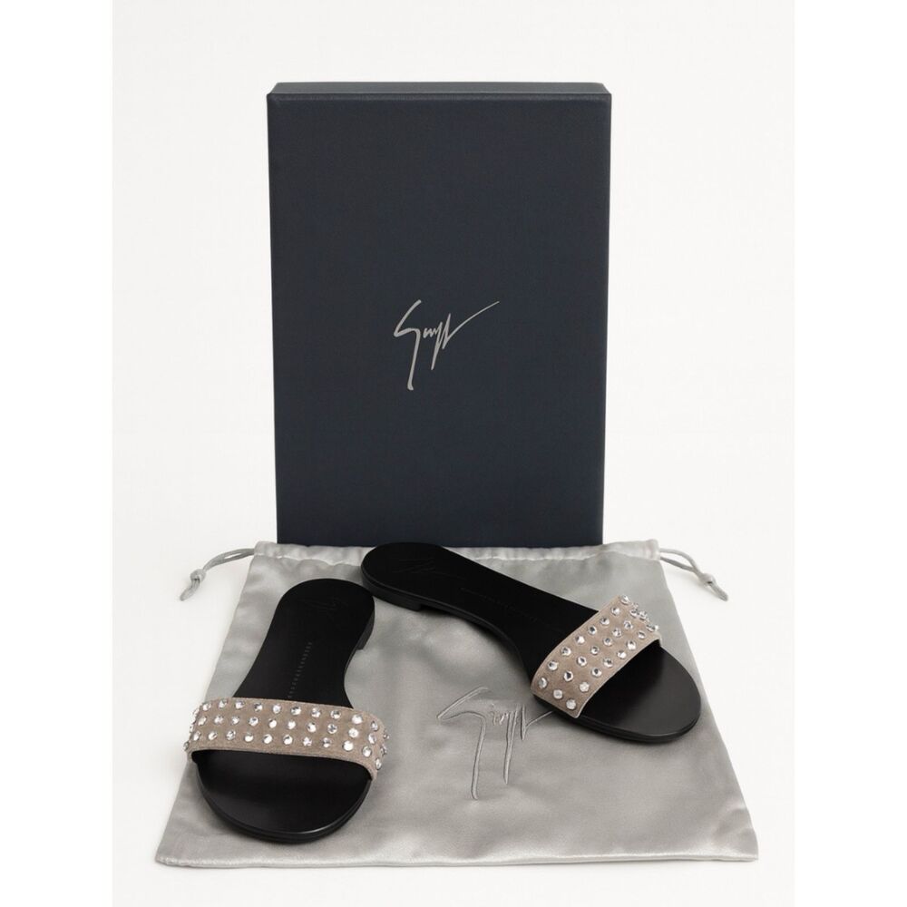 Giuseppe Zanotti Rhinestone Slide Sandals Tan Suede Crystal Flats EU37 US6.5